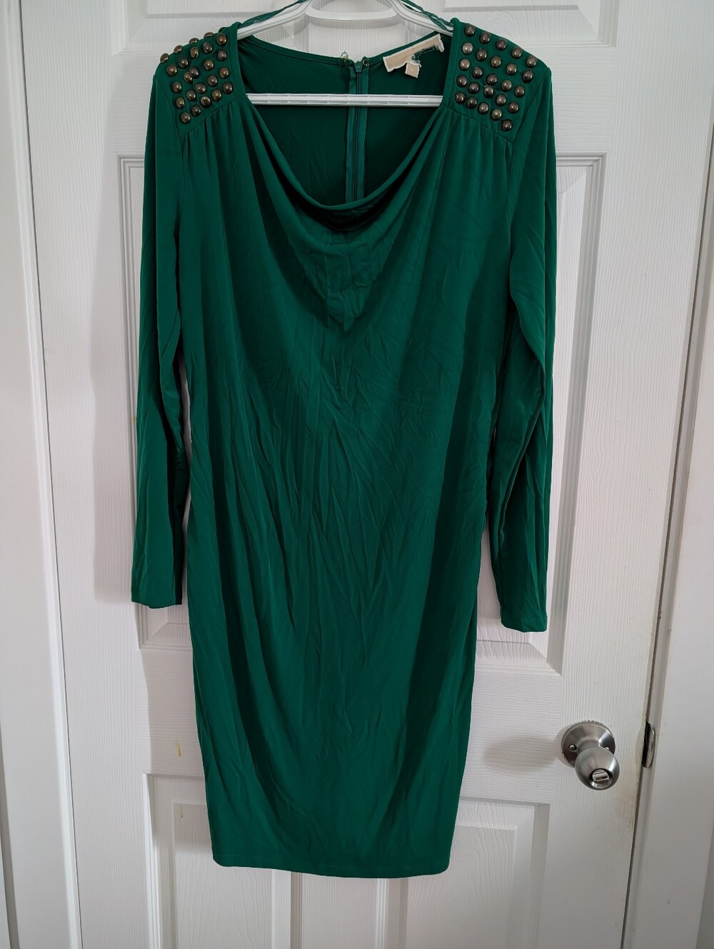 💙 MICHAEL KORS 💙Stud-Shoulder Emerald Green Long Sleeve Dress